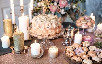 цветы, свечи, стиль, винтаж, торт, пирожные, крем