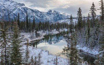 озеро, река, горы, снег, природа, лес, зима, канада, альберта, национальный парк джаспер