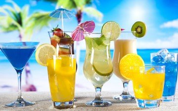 пляж, фрукты, клубника, лёд, лимон, лайм, коктейль, напитки, киви, коктейли, стаканы, бокалы