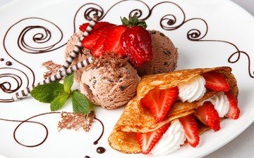 мята, мороженое, клубника, ягоды, шоколад, сладкое, десерт, блины, вафельные трубочки, вафельные палочки