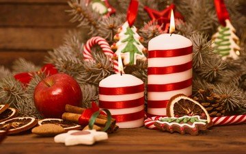 свечи, новый год, елка, корица, яблоко, рождество, елочные украшения, печенье