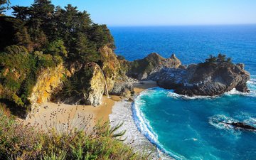 скалы, природа, море, водопад, ка­ли­фор­нийс­кая