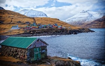горы, цвета, море, дома, фарерские острова, дания
