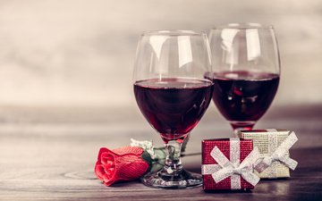 вино, бокалы, подарок, красная роза, валентинов день