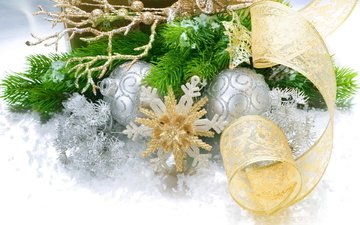 новый год, шары, снежинки, праздники, рождество, еловая ветка