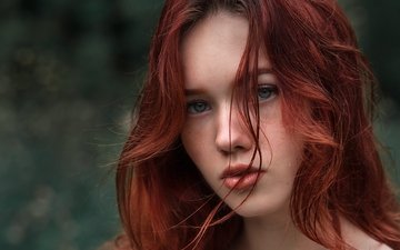 девушка, портрет, взгляд, рыжая, модель, волосы, лицо, голубые глаза, боке, волосы в лицо, eduard nikityuk
