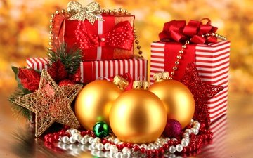 новый год, шары, украшения, звезды, подарки, рождество, ленты