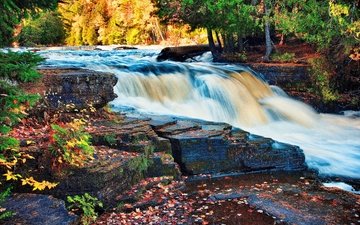 деревья, река, скалы, камни, лес, листья, ручей, водопад, осень