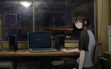 девушка, взгляд, стол, волосы, лицо, окно, компьютер, футболка, ноутбук