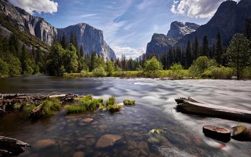 река, горы, камни, лес, сша, калифорния, национальный парк йосемити, сьерра-невада