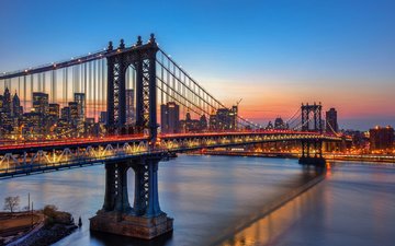 ночь, огни, река, мост, город, сша, нью-йорк, манхэттенский мост