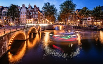 огни, вечер, река, мост, город, дома, освещение, нидерланды, амстердам