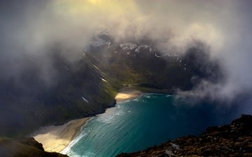 озеро, горы, природа, тучи, туман, пляж, исландия, бухта