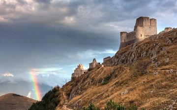 гора, радуга, италия, абруццо, крепость, rocca calascio