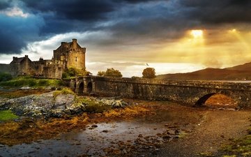 небо, развалины, закат, мост, замок, великобритания, город, руины, шотландия, замок эйлен-донан