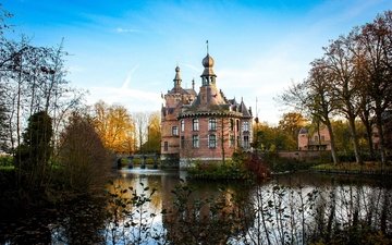 озеро, природа, замок, архитектура, бельгия, ooidonk castle, замок ойдонк, castle oydonk