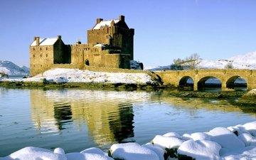 небо, вода, река, снег, природа, зима, отражение, мост, замок, шотландия, 6, замок эйлен-донан