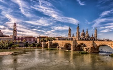 мост, город, башни, испания, сарагоса