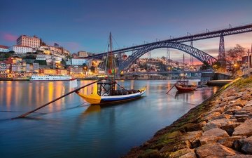 река, мост, лодки, португалия, порту, река дуэро, вила-нова-ди-гая, douro river, dom luís i bridge, понти-ди-дон-луиш i