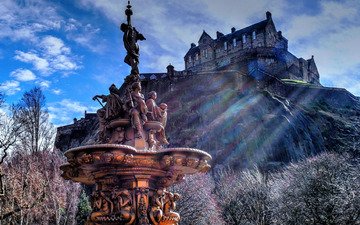 деревья, замок, фонтан, холм, шотландия, эдинбург, ross fountain, эдинбургский замок, princes street gardens