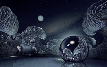 ночь, луна, 3d art, плавающая полупрозрачная сфера, на голубом озере, floating translucent sphere