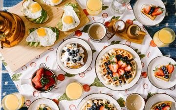 ягоды, завтрак, натюрморт, яйцо, вафли