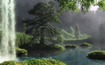 река, природа, дерево, водопад