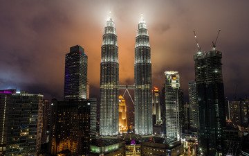 ночь, город, башни, малайзия, куала-лумпур