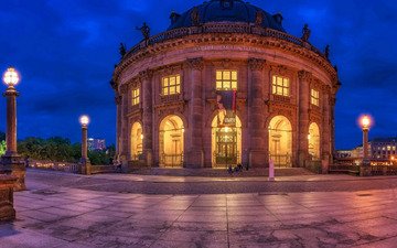 вечер, подсветка, германия, берлин, bode-museum