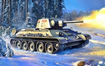 снег, лес, зима, солдаты, танк, вов, великая отечественная война, т-34, красная армия