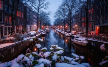 свет, огни, снег, зима, утро, канал, амстердам