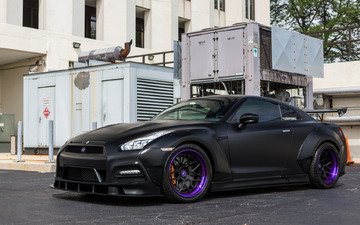 тюнинг, спортивное купе, nissan gtr, black matte gt-r, purple wheels