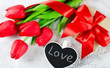 красные, любовь, букет, тюльпаны, лента, подарок, романтик,  цветы, валентинов день, сердечка, gift box