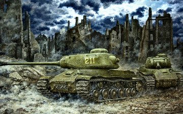 рисунок, ссср, танк, ис-2, великая отечественная война, тяжелый, ркка, руины города