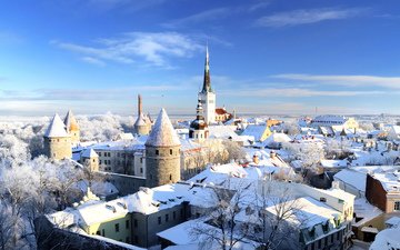 снег, зима, город, старый, эстония, таллин