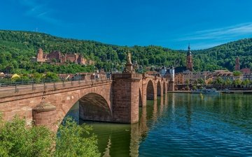 река, мост, замок, дома, здания, германия, баден-вюртемберг, гейдельбергский замок, гейдельберг, neckar river, старый мост