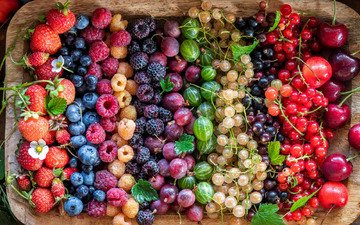 малина, клубника, ягоды, вишня, много, черника, смородина, крыжовник, блюдо