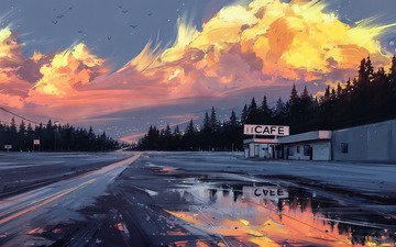 дорога, арт, рисунок, закат, горизонт, кафе, ландшафт, aenami, 2019, by aenami, alena aenami
