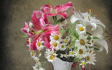 цветы, фон, ромашки, букет, лилии, композиция