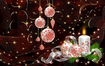 свет, новый год, рендеринг, темный фон, картинка, лента, свеча, праздник, рождество, елочные украшения, завитушки, жемчужные бусины, золотистые искры