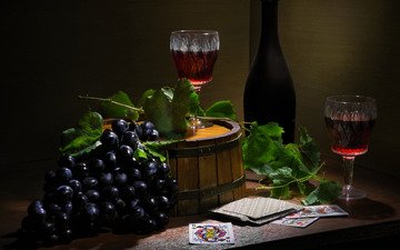 стиль, виноград, карты, дом, вино, бутылка, бокалы, гроздь, натюрморт