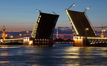 ночь, река, мост, россия, санкт-петербург, нева, разводной мост