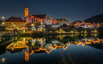 река, отражение, иллюминация, австрия, дома, ночной город, здания, штирия, frohnleiten, фронлайтен, река мур, mur river