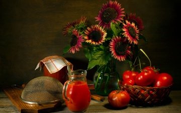 цветы, фон, помидоры, натюрморт, томатный сок