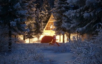 деревья, снег, новый год, зима, кусты, дом, дед мороз, праздники, рождество, бежит, мешок с подарками