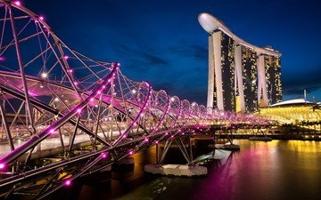 ночь, огни, город, небоскребы, будущее, дождь, сингапур