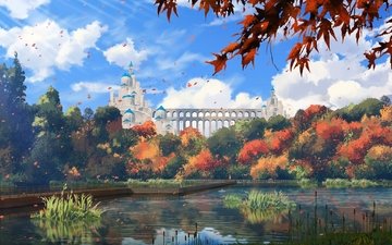 небо, рисунок, деревья, вода, природа, пейзаж, мост, замок, осень, пруд