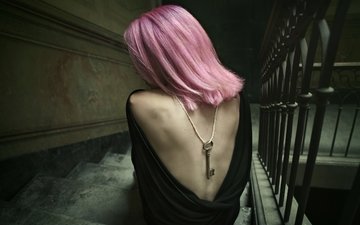 лестница, девушка, платье, ключ, модель, розовые волосы