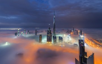 wolken, lichter, abend, die stadt, häuser, dubai, vereinigte arabische emirate, haze.nebel