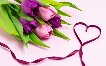цветы, сердце, букет, тюльпаны, лента